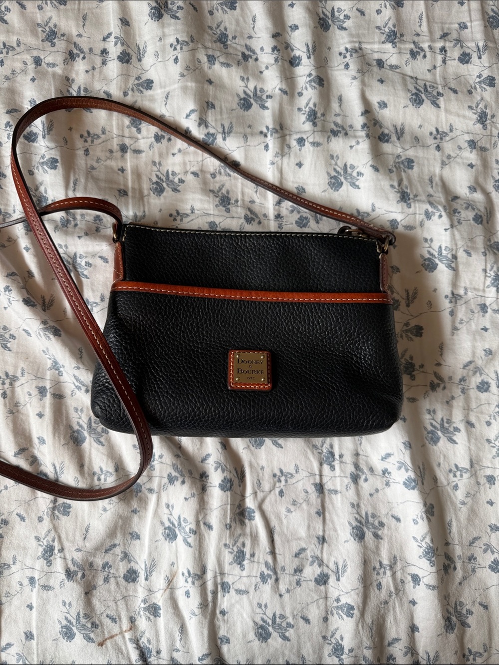 Dooney & Bourke Black Pebbled Leather Crossbody with Brown Trim